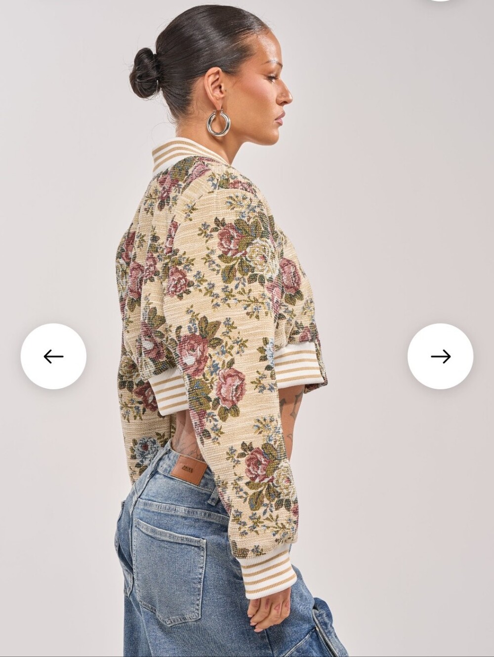 AKIRA Beige Floral Cropped Bomber Jacket - Picture 2 of 4